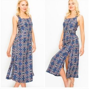 CURRENT AIR SQUARE NECK OVERALL DRESS FLORAL MIDI CRISS-CROSS BACK WOMEN'S XS